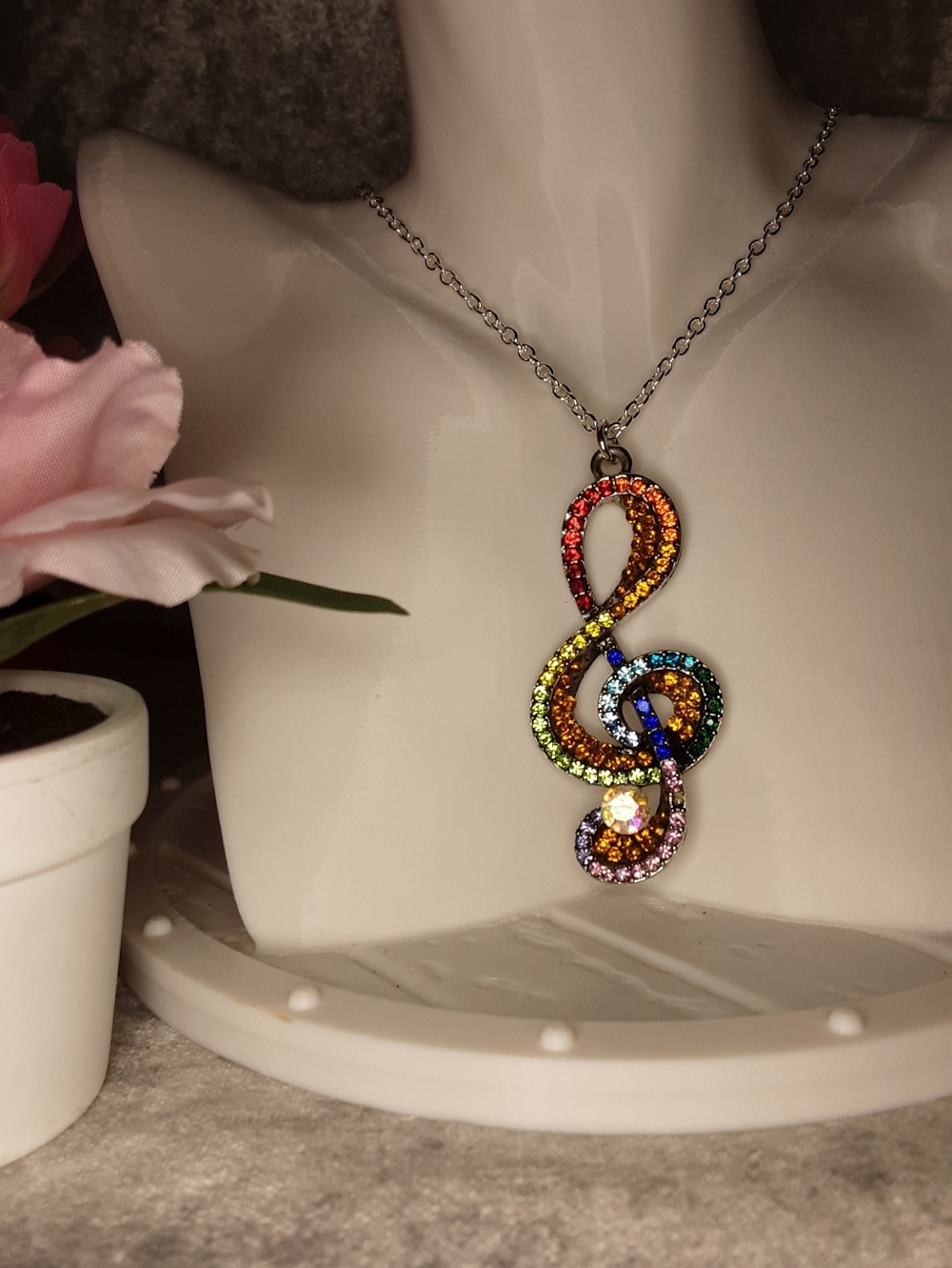 Handmade Multicolor Crystal Treble Clef Pendant Necklace - 21" Chain